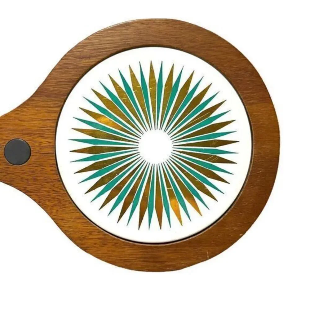 MCM Colors Ceramic Tile Trivet & Solid Wood Cheese Board w/Magnet Hanging 1960’s